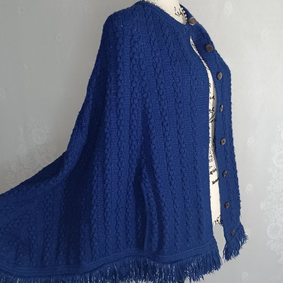 Vintage Dark Blue Acrylic Knit Button Up Fringe Poncho Cape S/M - Picture 4 of 8